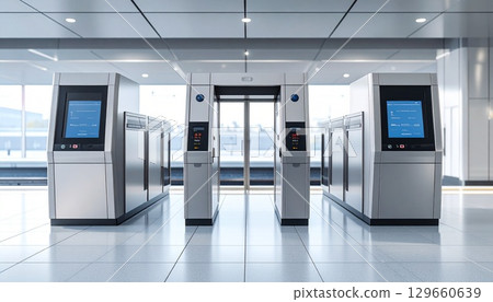 無人自動檢票口和未來主義風格的車站內部 無人自動檢票口和未來主義風格的車站內部 129660639