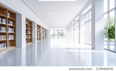 Bright library corridor with large windows and bookshelves 129660640