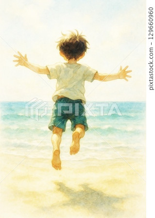Boy running towards the sea 129660960
