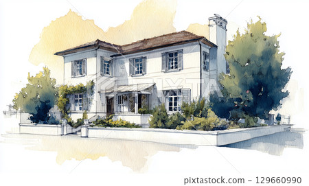 Watercolor illustration of a house exterior, perspective 129660990