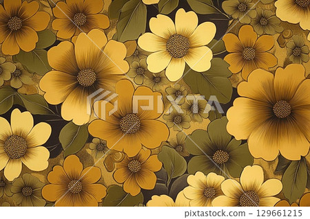Splendid Large Floral Patterns in Rich Yellows and Deep Greens Create a Captivating Retro Atmosphere 129661215
