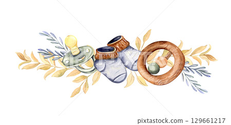 Watercolor baby border with pacifier, socks, wooden rattle and leaves, cute nursery illustration 129661217