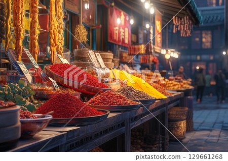 Vibrant Spice Market Filled With Rich Colors and Enticing Aromas at Dusk. Generative AI 129661268