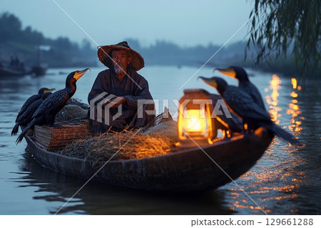 Cormorant Fishing at Dusk on the Tranquil Lee River. Generative AI 129661288