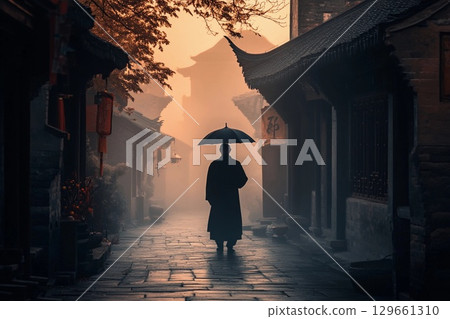 Man With an Umbrella Walks Through an Ancient, Misty Street at Dawn. Generative AI 129661310