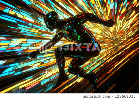 Bright Iridescent Glass Athlete Sprinting Through a Kaleidoscopic Tunnel of Color. Generative AI Bright Iridescent Glass Athlete Sprinting Through a Kaleidoscopic Tunnel of Color. Generative AI 129661333
