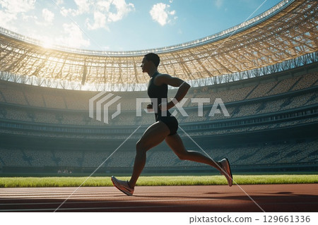 Runner Accelerates Through a Sunlit Stadium During an Afternoon Competition. Generative AI 129661336