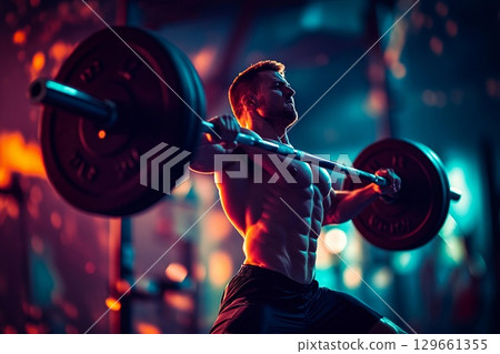 Dynamic Athlete Engages in Intense Barbell Lift During Vibrant Workout Session. Generative AI 129661355