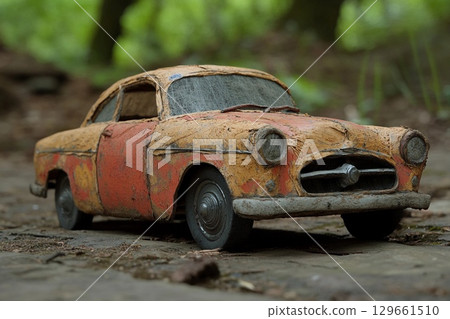 Unique Vintage Toy Car Reveals the Beauty of Age and Time Amidst Nature. Generative AI 129661510