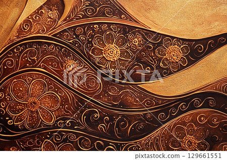 Intricate Henna Painting Inspired by Art Nouveau Elegance in Rich Hues. Generative AI 129661551