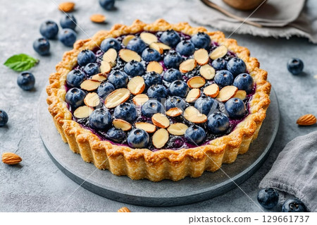 Delicious Tart With Almonds and Blueberries on a Stylish Grey Surface Generative AI 129661737