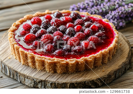 Delight in a Berry Cheesecake on a Rustic Wooden Table With Lavender Decor Generative AI 129661738