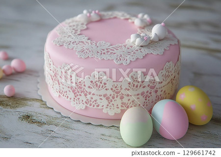 Delicate Lace Adorned Pastel Cake With Playful Easter Eggs on a Rustic Table Generative AI 129661742