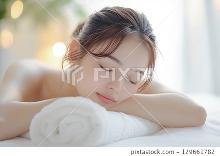 Beautiful young woman resting on a massage bed Beautiful young woman resting on a massage bed 129661782