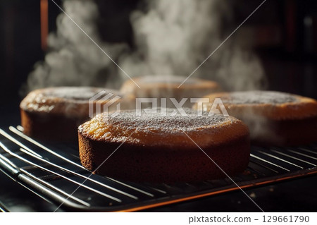 Delightful Freshly Baked Cakes Cooling on a Rack With Fragrant Steam Rising Generative AI 129661790