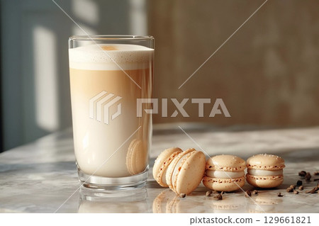 Creamy Latte and Sweet Macaroons on a Sleek Marble Countertop Delight Generative AI Creamy Latte and Sweet Macaroons on a Sleek Marble Countertop Delight Generative AI 129661821