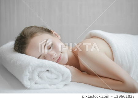 Young woman sleeping relaxed wrapped in a white towel 129661822