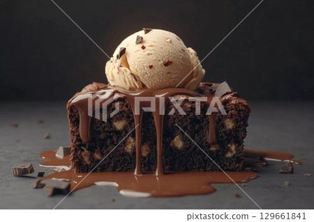 Indulgent Brownie Topped With Creamy Ice Cream and Rich Chocolate Sauce Generative AI Indulgent Brownie Topped With Creamy Ice Cream and Rich Chocolate Sauce Generative AI 129661841