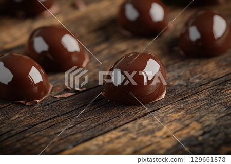 Delightful Dark Chocolate Drops Scattered on Rustic Wooden Surface Generative AI 129661878