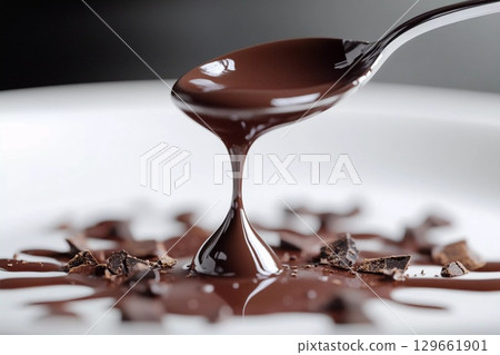 Chocolate Drop Elegantly Stretching From Spoon to Plate in a Culinary Masterpiece Generative AI Chocolate Drop Elegantly Stretching From Spoon to Plate in a Culinary Masterpiece Generative AI 129661901