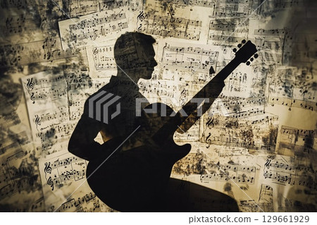 Creative Silhouette of a Musician Lost in Melody Against a Backdrop of Notes Generative AI 129661929