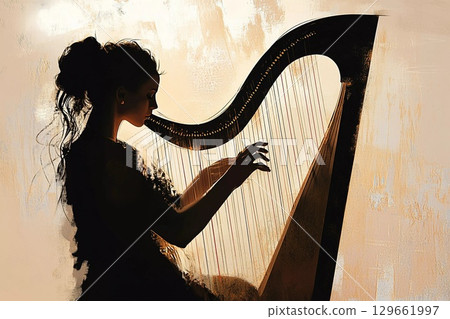 Silhouette of a Talented Harpist Creating Enchanting Melodies at Sunset Generative AI 129661997