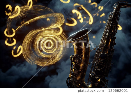 Golden Spirals of Sound Dance Around a Saxophone in an Enchanting Atmosphere Generative AI Golden Spirals of Sound Dance Around a Saxophone in an Enchanting Atmosphere Generative AI 129662001