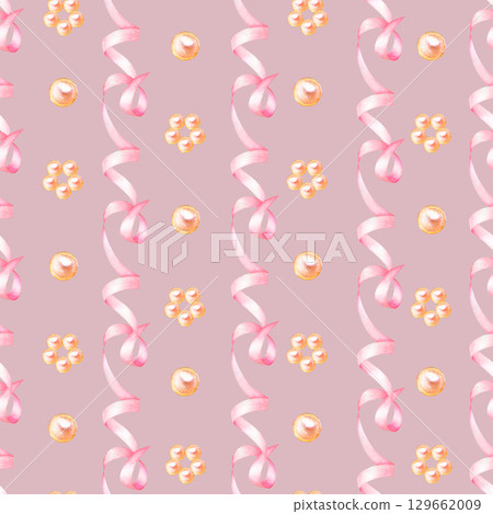 Watercolor ribbon and pearls seamless pattern, illustration hand drawn. Suitable for design, print, for decoration for Women's Day, Mother's Day Watercolor ribbon and pearls seamless pattern, illustration hand drawn. Suitable for design, print, for decoration for Women's Day, Mother's Day 129662009