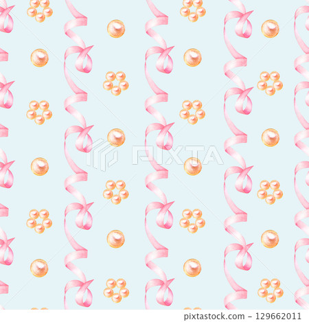 Watercolor ribbon and pearls seamless pattern, illustration hand drawn. Suitable for design, print, for decoration for Women's Day, Mother's Day 129662011