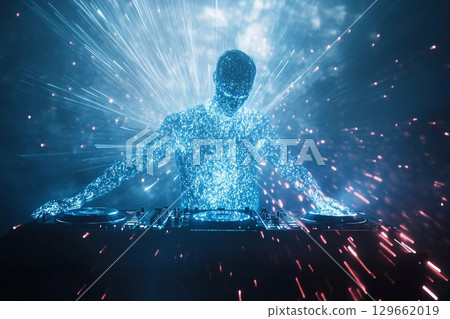 Dissolving Figure Radiates Light While Creating an Ethereal Atmosphere on Stage Generative AI 129662019