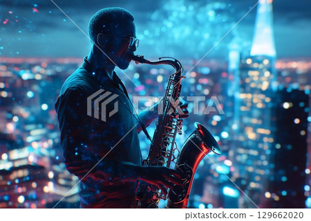 Saxophonist Captivates City Skyline With Soulful Melodies at Night Generative AI 129662020