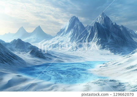 Majestic Icy Mountains Reflecting a Tranquil Cerulean Lake at Dawn Generative AI 129662070