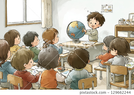 Children turning a globe to identify countries and continents 129662244