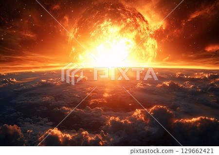 Sunrise Over a Distant Planet Showcases Vibrant Colors and Cosmic Beauty Generative AI 129662421