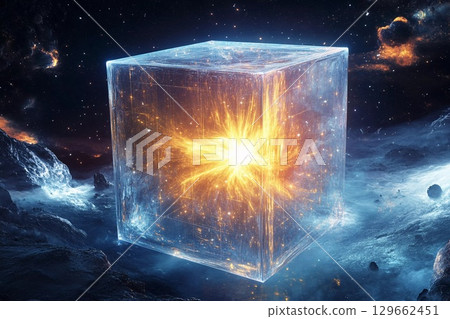 Cosmic Cube Revealing Radiant Energy in a Stunning Nebula Backdrop Generative AI 129662451