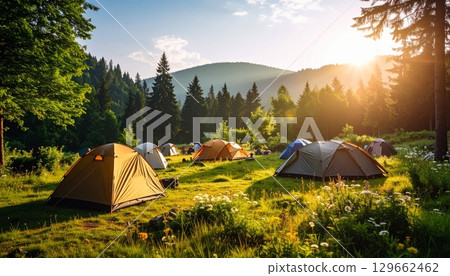 Camping in a tent in a lush forest 129662462