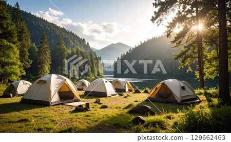 Camping tent in the sunlight filtering through the trees 129662463