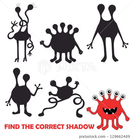 Find the correct shadow of monster. Education game for children to find matches. Find the correct shadow of monster. Education game for children to find matches. 129662489
