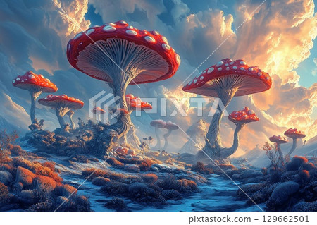 Explore a Whimsical Landscape of Giant Mushrooms Under Dramatic Skies Generative AI 129662501