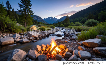 Bonfires at dusk decorating the lakeside Bonfires at dusk decorating the lakeside 129662515