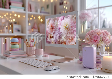 充滿少女氣息的書桌空間，周圍環繞著花朵和柔和的色彩 129662725