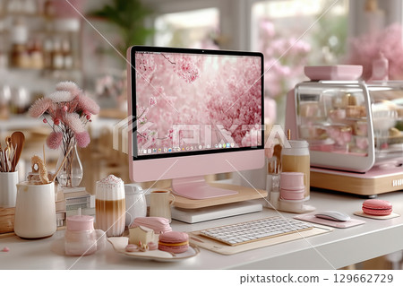 A girly desk space surrounded by flowers and pastel colors 129662729