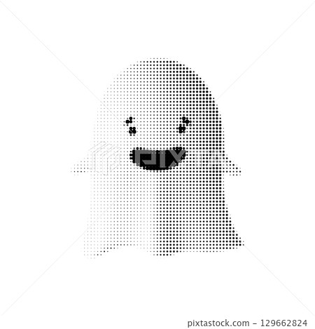 Happy ghost vector illustration in halftone black and white style. Cute smiling cartoon character for Halloween. Isolated design perfect for kids decor, stickers, posters, and festive graphics. Happy ghost vector illustration in halftone black and white style. Cute smiling cartoon character for Halloween. Isolated design perfect for kids decor, stickers, posters, and festive graphics. 129662824