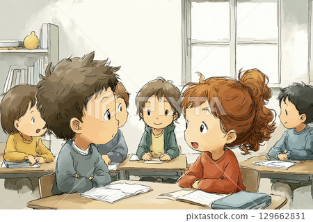 A lesson in which children communicate their opinions in pairs A lesson in which children communicate their opinions in pairs 129662831