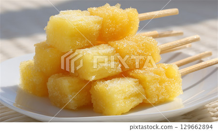 Chilled frozen pineapple skewers neatly stacked on a white plate 129662894