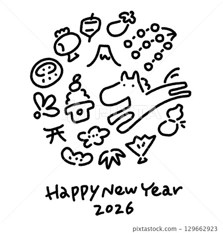 Cute monochrome line drawing of a white horse and New Year's card template 2026 Square, for SNS and Instagram 129662923