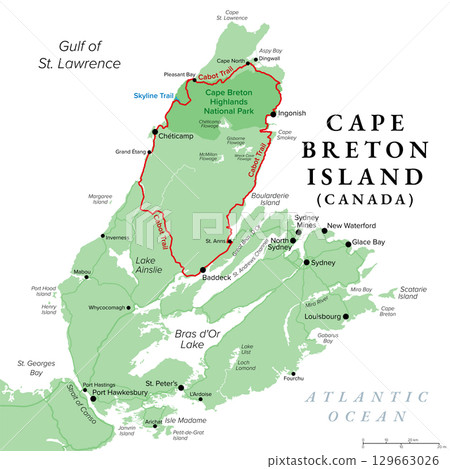 Map of Cape Breton Island, in Nova Scotia province of Canada, with Cabot Trail highlighted in red, a scenic highway passing along and around the Cape Breton Highlands, and with Skyline Trail in blue. Map of Cape Breton Island, in Nova Scotia province of Canada, with Cabot Trail highlighted in red, a scenic highway passing along and around the Cape Breton Highlands, and with Skyline Trail in blue. 129663026