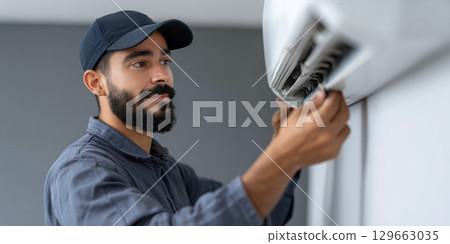Technician checks air conditioning unit in room, ensuring proper function Technician checks air conditioning unit in room, ensuring proper function 129663035