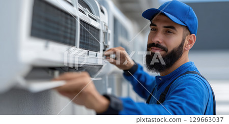 Technician in blue uniform and cap checks air conditioning unit outdoors, ensuring proper function Technician in blue uniform and cap checks air conditioning unit outdoors, ensuring proper function 129663037