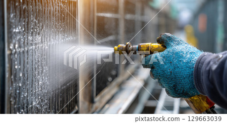 Technician uses high pressure water gun to clean air conditioning unit, ensuring efficient operation Technician uses high pressure water gun to clean air conditioning unit, ensuring efficient operation 129663039